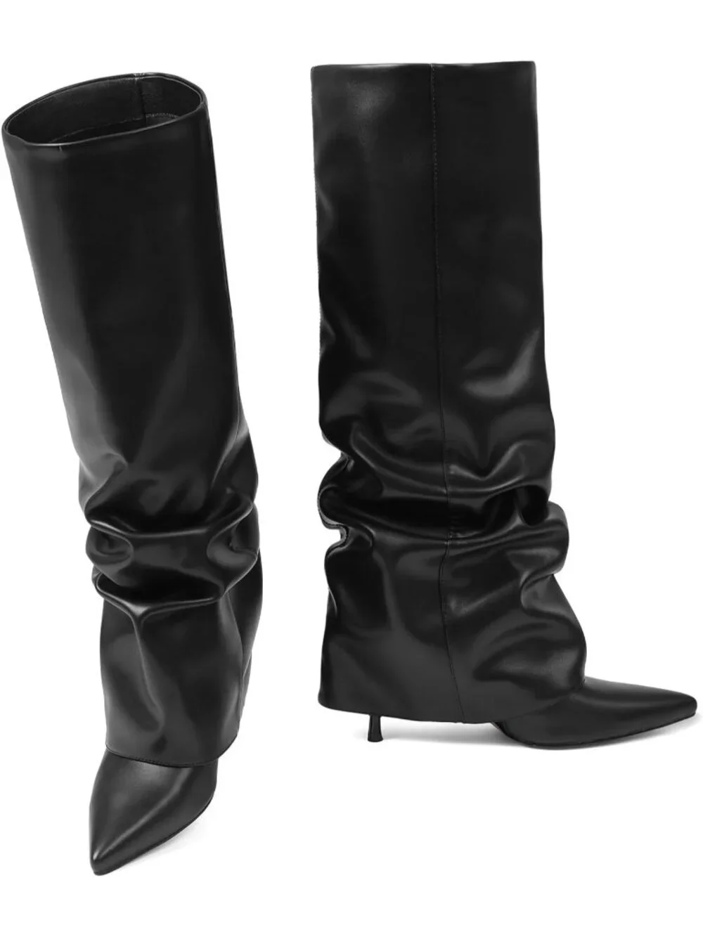 Women's Black Fold Over Point Shark Slouchy Side Hidden Zipper Knee High Boots